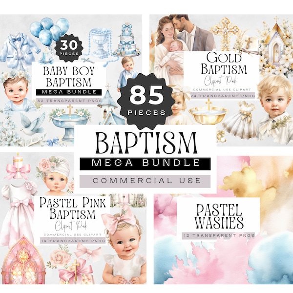 Baby Boy and Girl Baptism Clipart, MEGA BUNDLE, Religious Clip Art, Christening Graphics, Catholic Illustrations, Pastel Watercolor Washes