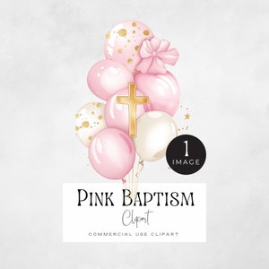 Clipart de bautismo rosa pastel / SINGLE / Globos de acuarela y cruz de oro Png, gráficos religiosos, gráficos de bautizo de niñas,