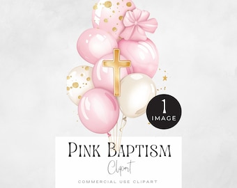 Pastel Pink Baptism Clipart | SINGLE | Watercolor Balloons and Gold Cross Png, Religious Graphics, Baby Girls Christening Graphics,