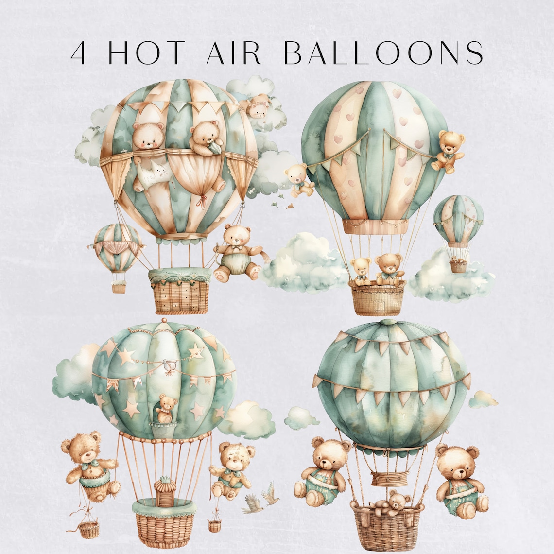 Bear and Hot Air Balloon Clipart | BUNDLE | Sage Green Teddy Graphics ...