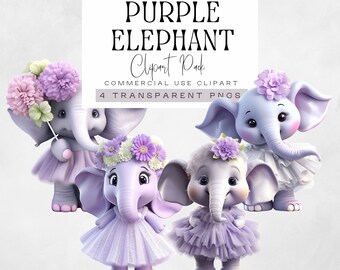 Purple Elephant Png, Lilac Baby Shower Clipart, Elephant in a Car with Balloons Clip Art, 3D Watercolor Birthday Party Graphics Girl