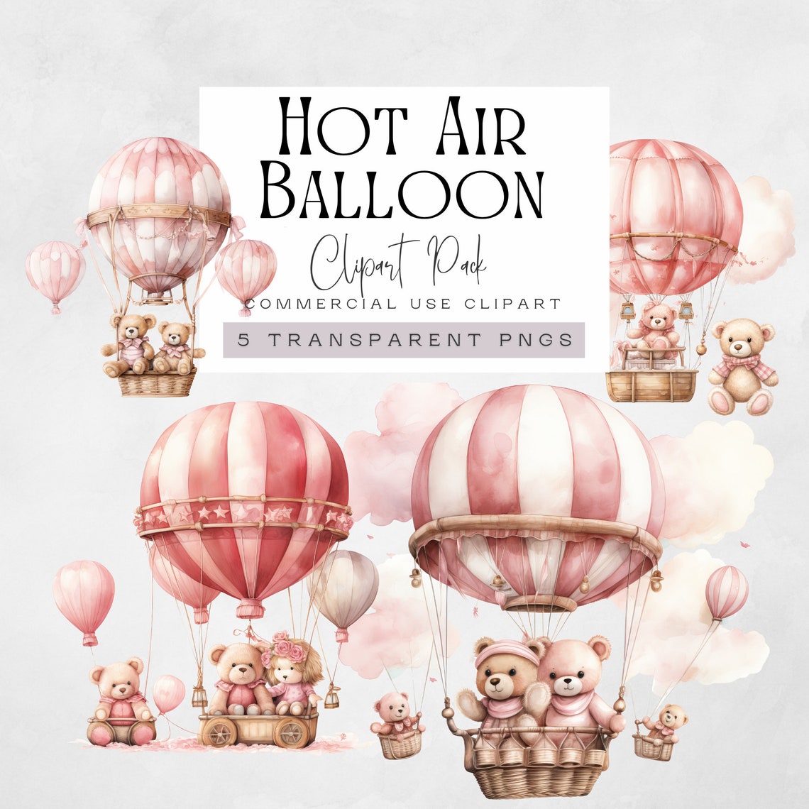 Bear and Hot Air Balloon Clipart | BUNDLE | Sage Green Teddy Graphics ...