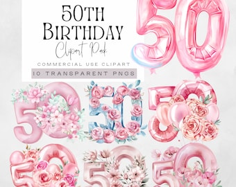 Fifty Clipart, Happy 50th Birthday Women Png, Pink Floral 50 illustration, 50 Years Old and Fabulos Graphics, Aged to Perfection image,