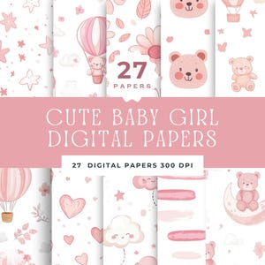 Baby-Mädchen-Digital-Design-Papiere, niedliche rosa Pastellblumen und Teddy-Muster, nahtlose Aquarell-Heißluftballon-Hintergründe, Herzen und Sterne