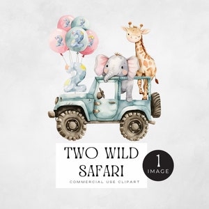 Two Wild Safari png, | ENKELE AFBEELDING | Babydierentuindieren in groene auto, 2e verjaardagskaart of uitnodiging voor meisje, jungledier, olifantgiraf