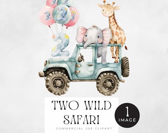 Zwei Wild Safari Png, | EINZELBILD | Baby Zootiere im grünen Auto, 2. Geburtstag Karte oder Invite Mädchen, Dschungeltier, Giraffe Elefant