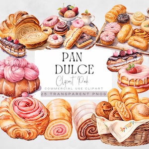 Pan Dulce Clipart, Panetteria e pane ad acquerello, ClipArt di pane dolce messicano, Grafica di dessert, Illustrazioni di Concha, Baguette francese, Cibo
