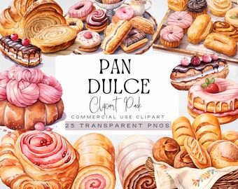 Pan Dulce Clipart, Aquarell Bäckerei und Brot, mexikanisches süßes Brot Clip Art, Desserts Grafiken, Concha Illustrationen, französisches Baguette, Essen