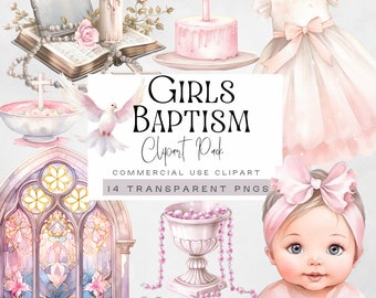 Girls Baptism Clipart, Pastel Pink Baby Clip Art, Watercolor Christening Dress Graphics, Religious Bible png, Toddler, Stained Glass Window