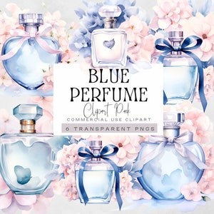 Imágenes prediseñadas de botella de perfume azul, imágenes prediseñadas de botellas de acuarela en forma de corazón, gráficos de moda, png de belleza, vintage floral, uso comercial,