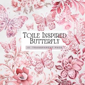 Roze toile de jouy-vlinder clipart, rose gouden chinoiserie babyshower pngs, junk Journal clipart, lente aquarel vlinders graphics