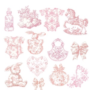 May include: A set of pink and white floral baby themed illustrations. The set includes a baby bottle, a onesie, a bib, a rocking horse, a bunny, a heart, a bag, a foot, and two bows.