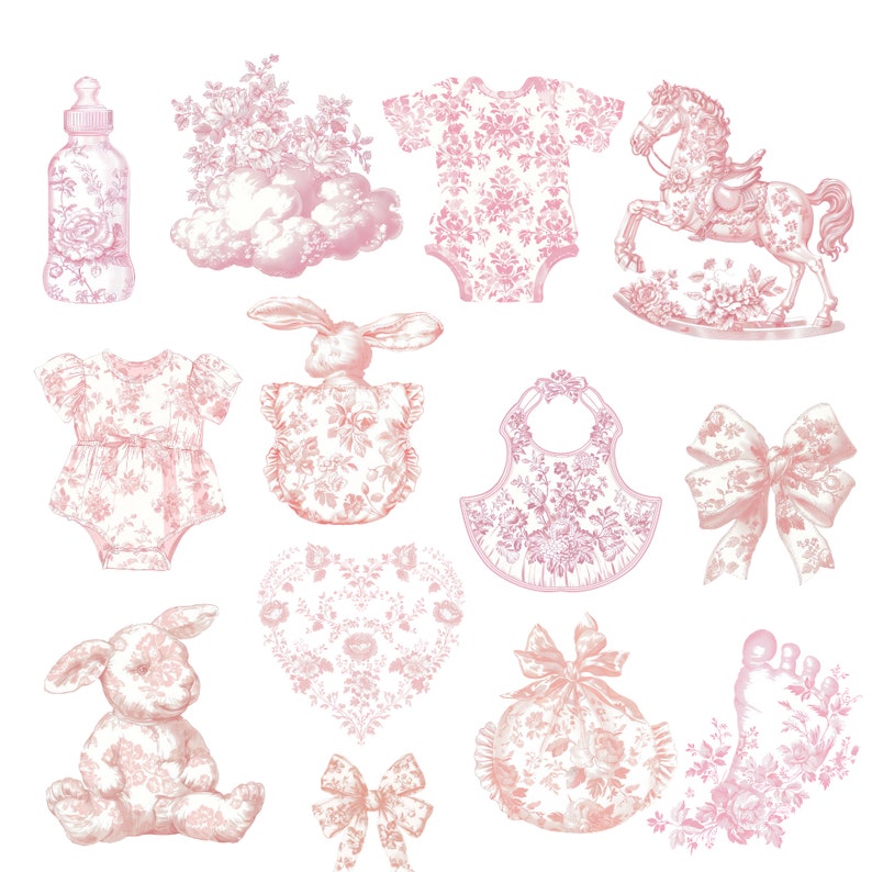 May include: A set of pink and white floral baby themed illustrations. The set includes a baby bottle, a onesie, a bib, a rocking horse, a bunny, a heart, a bag, a foot, and two bows.