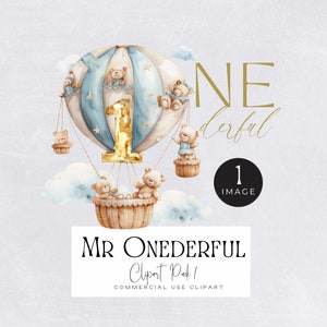 Mr Onederful png transparant | ENKELE AFBEELDING | Afbeelding eerste verjaardag babyjongen, beer en blauwe luchtballon aquarelillustraties