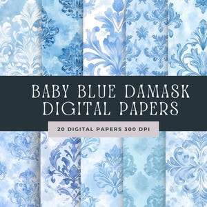 Digital Paper Baby Blue Damask, Dusty Blue Shabby Chic Watercolour Seemless Pattern, Floral Background, Printable Scrapbook Paper,