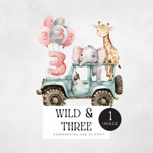 Wild and Three Safari png, | ENKELE AFBEELDING | Babydierentuindieren in groene auto, 3e verjaardagskaart of uitnodiging meisje, jungledier, leeuw, olifant