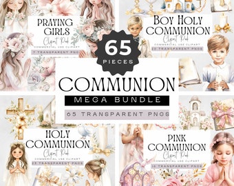 Clipart première communion pour filles, garçons 1ère communion, graphiques religieux, clipart catholique aquarelle, prière png, croix, Bible,