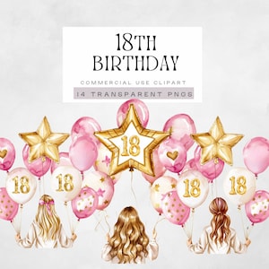 Alles Gute zum 18. Geburtstag Mädchen png, Hallo und Rechtlich, Rosa und Gold Nummer Ballons, Glückliches Achtzehntes Clipart, Karten & Einladungen Grafiken