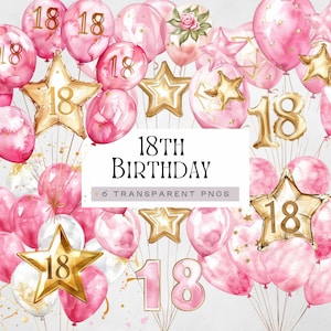 Clipart de aniversário de 18 anos, balões rosa e dourados Png, ilustrações de convite para festa de 18 anos, gráficos de Olá de dezoito anos, imagens de cartões