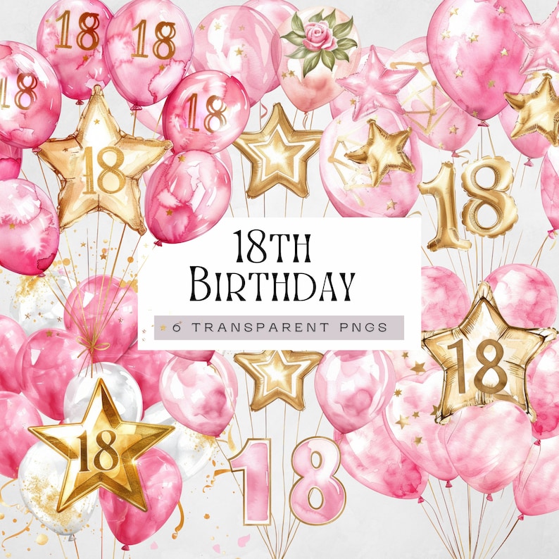 18th Birthday Clipart, Pink and Gold Balloons Png, Eighteenth Party ...