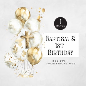 Clipart battesimo oro / SINGOLO / Oro bianco neutro, palloncini acquerello e croce Png, grafica religiosa, grafica battesimo ragazzi,