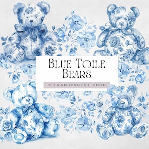 Toile de jouy babyshower clipart voor jongen, blauwe bloemen chinoiserie beer png, aquarel teddy illustraties, uitnodiging en kinderkamer graphics