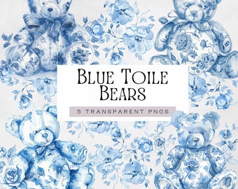 Toile De Jouy Baby Shower Clipart for Boy, Blue Floral Chinoiserie Bear Png, Watercolor Teddy Illustrations, Invitation & Nursery Graphics