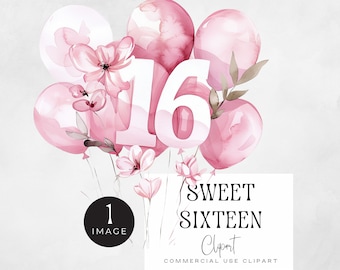 Sweet Sixteen Birthday Girl png | EINZELBILD | Sweet 16 Queen Grafiken, rosa Aquarell sechzehnte Geburtstags-Ära Grafiken, 16.Party