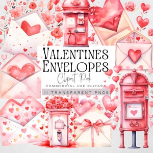 Imágenes prediseñadas de sobre de San Valentín, imágenes prediseñadas de buzón, imágenes prediseñadas de correo de carta de amor, gráficos románticos del día de San Valentín, acuarela, uso comercial,
