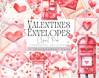Valentines Envelope Clipart, Mailbox Clip Art, Love Letter Mail Clipart, Romantic Valentines Day Graphics, Watercolor, Commercial Use,