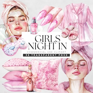 Girls Night In Clipart, Pyjama Parties png, Movie Night, Spa Day Graphics, Sleepover Clip Art, Pajama Squad Party, Slumber Birthday png