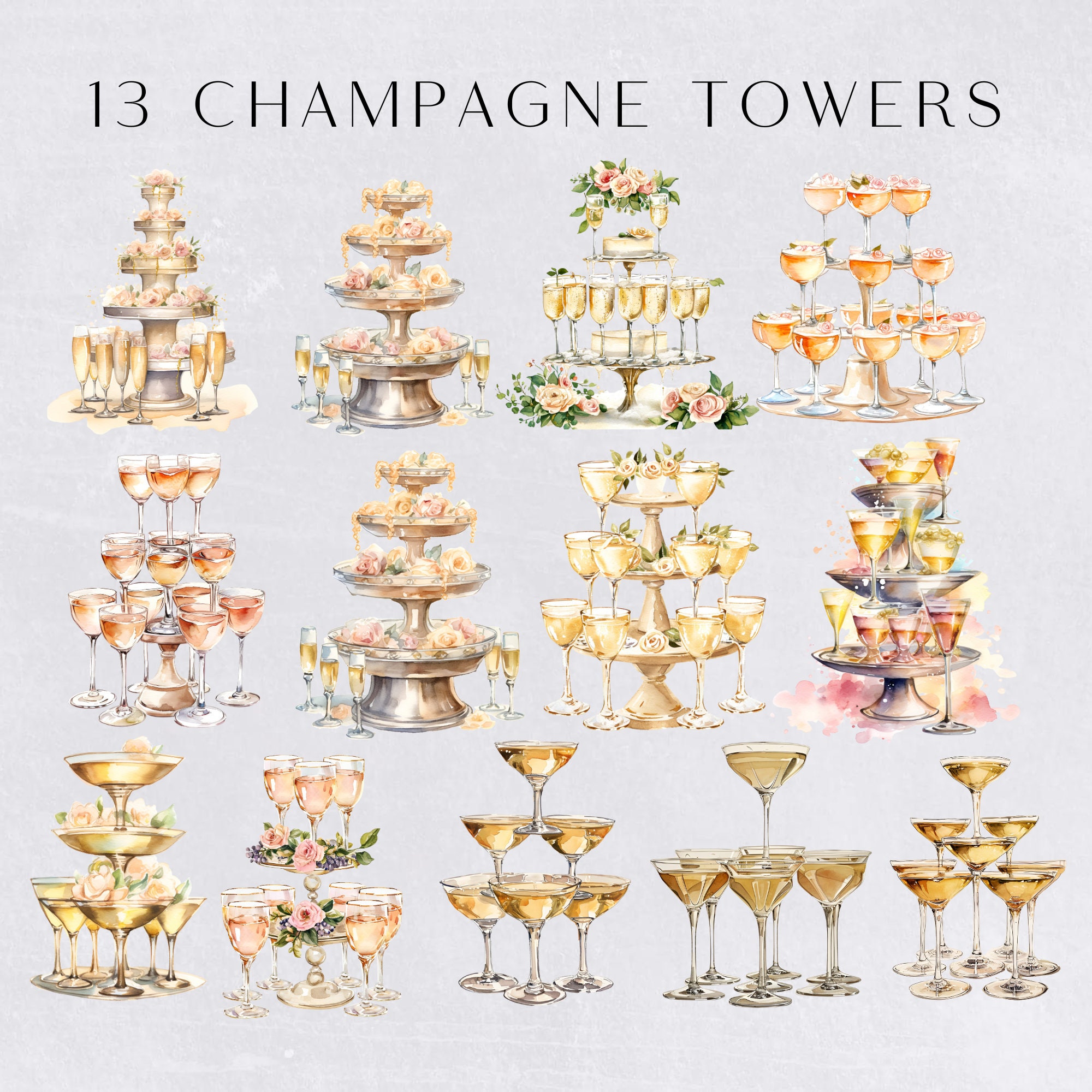 Wedding Champagne Tower Clipart, Champagne Flutes Clip Art, Bar Menu