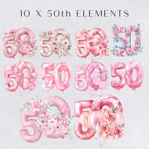 May include: Watercolor illustrations of the number 50 in various designs. The numbers are in shades of pink and adorned with floral arrangements and balloons. The text "10 X 50th ELEMENTS" is at the top.