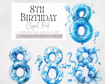 8 Years Old Png, 8th Birthday Era Graphics, Happy Birthday Boy Blue Images, Kids Eighth Birthday, Number 8 Balloon Clipart, Commercial Use