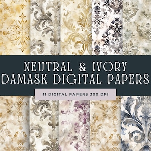 Ivory Damask Paper, Neutral Digital Papers, Scrapbook Grunge Textures, White & Beige Wedding Seemless Pattern, Floral Background, Printable