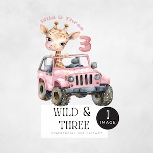 Wild and Three Safari png, | ENKELE AFBEELDING | Aquarel giraf in roze auto, dierentuindier, 3e verjaardagskaart of uitnodiging, jungle babydieren