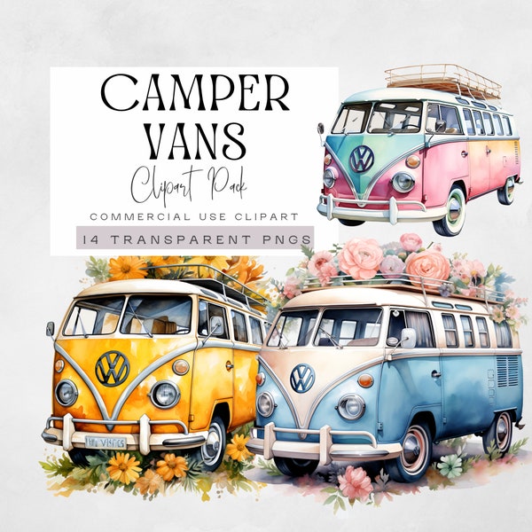 VW Van Clipart, Happer Camper Clip Art, Watercolor Campervan Graphics, Groovy Hippie Life Illustration, Groovy Retro Volkswagen Bus png