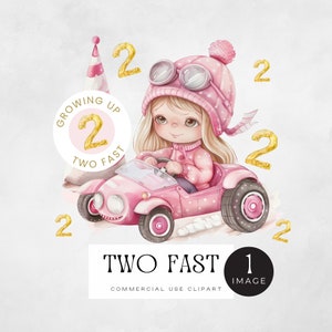Deux voitures d'anniversaire rapides | IMAGE UNIQUE | Clipart aquarelle de voiture de course rose, 2e graphiques d'Invitation de fête fille, grandir vite thème