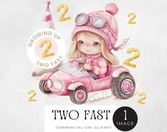 Two Fast Birthday Car Png | SINGLE IMAGE | Pink Racing Car Watercolor Clipart, Girl 2nd Party Invitation Graphics, Growing Up Fast Theme