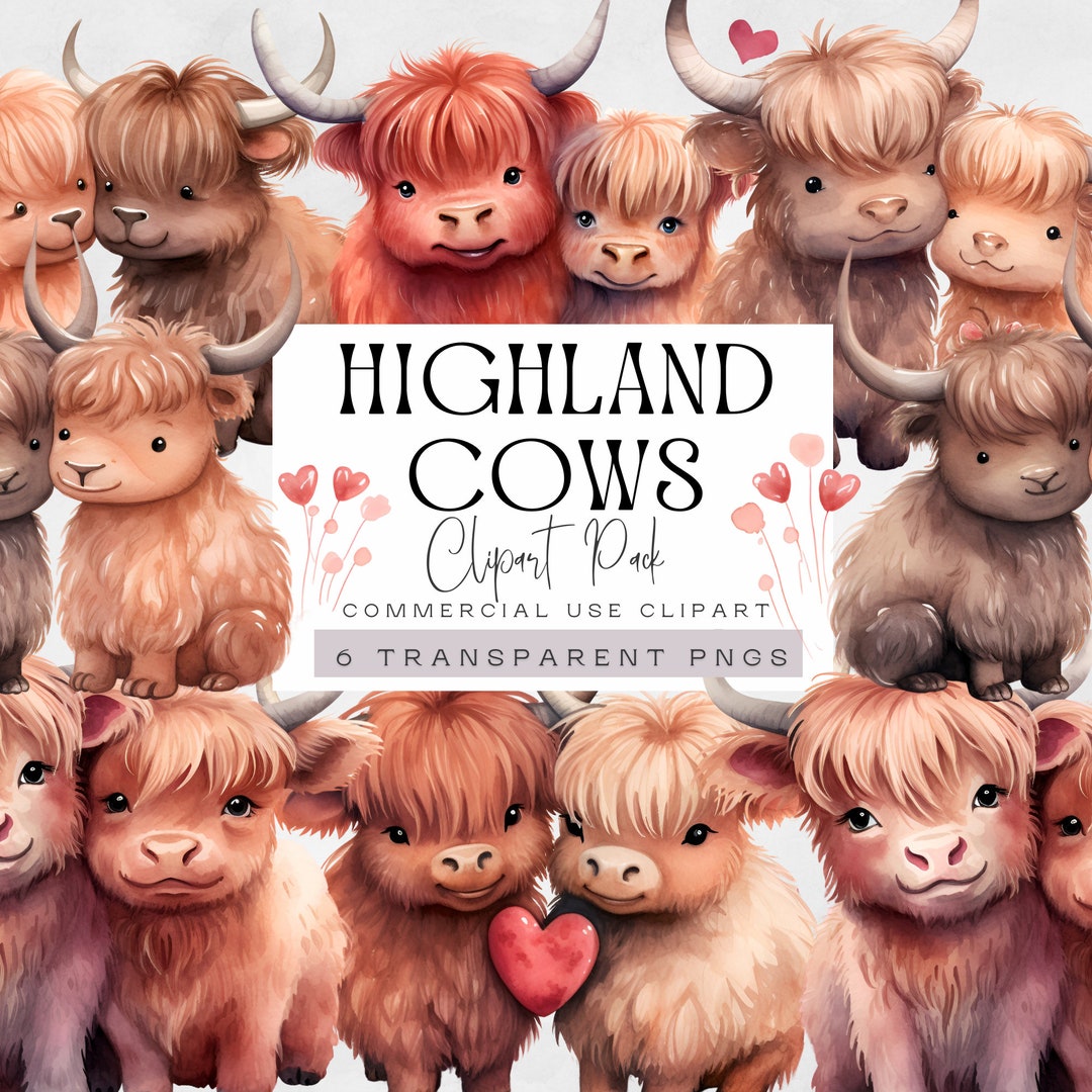 Highland Cow Valentine Clipart, Watercolor Valentine Couple Clip Art ...