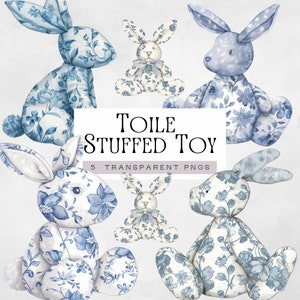 Toile De Jouy Stofftiere Clipart, Blaue Chinoiserie Baby Shower Pngs, Niedliche Aquarell Häschen Illustrationen, Hellblaues Blumen Kinderzimmer