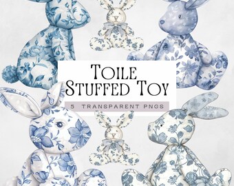 Toile De Jouy Stuffed Toys Clipart, Blue Chinoiserie Baby Shower Pngs, Cute Watercolor Bunny Rabbit Illustrations, Pale Blue Floral Nursery