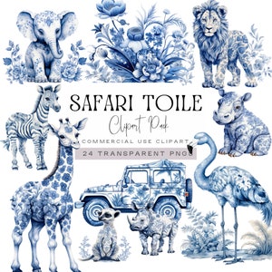Clipart de chá de bebê Safari Toile, animais da selva em aquarela Chinoiserie png, clipart de animais azuis, gráficos de Toile De Jouy, uso comercial
