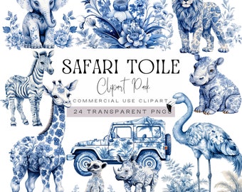 Safari Toile Baby Shower Clipart, Watercolor Chinoiserie Jungle Animals png, Blue Animal Clip Art, Toile De Jouy Graphics, Commercial Use