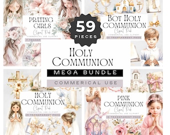 First Communion Clipart for Girls, Boys 1st Holy Communion, Religious Graphics, Watercolor Catholic Clip Art, Praying pngs, Cross, Bible,