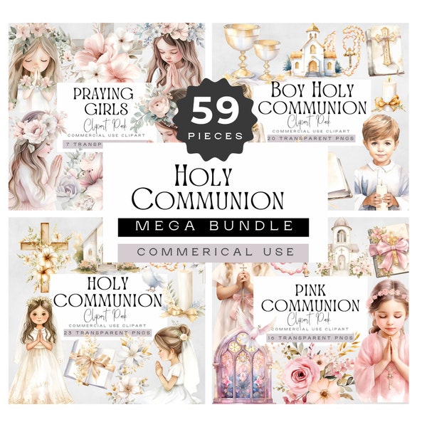 First Communion Clipart for Girls, Boys 1st Holy Communion, Religious Graphics, Watercolor Catholic Clip Art, Praying pngs, Cross, Bible,