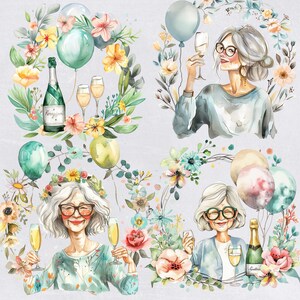 May include: A watercolor illustration of four women celebrating with champagne and balloons. The women are wearing floral crowns and colorful dresses. The illustration features a whimsical and festive theme.