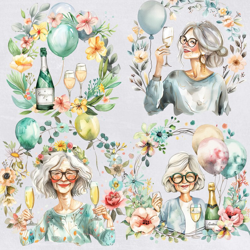 May include: A watercolor illustration of four women celebrating with champagne and balloons. The women are wearing floral crowns and colorful dresses. The illustration features a whimsical and festive theme.