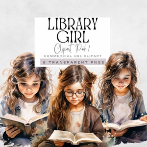 Clipart bibliotheek meisje, klein meisje leesboek illustraties, aquarel boekenwurm illustraties, BookLover graphics, vintage boek, commercieel gebruik