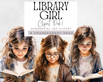 Library Girl Clipart, Little Girl Reading Book Clip Art, Watercolor Bookworm Illustrations, BookLover Graphics, Vintage Book, Commerical Use